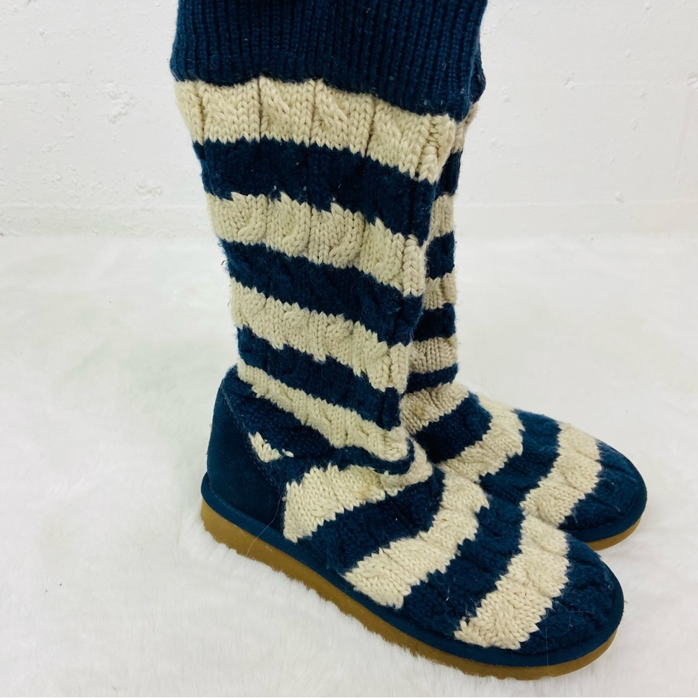 UGG Navy & cream Striped Knit Boots cable-knit upper and a shearling-lined base - Picture 7 of 14